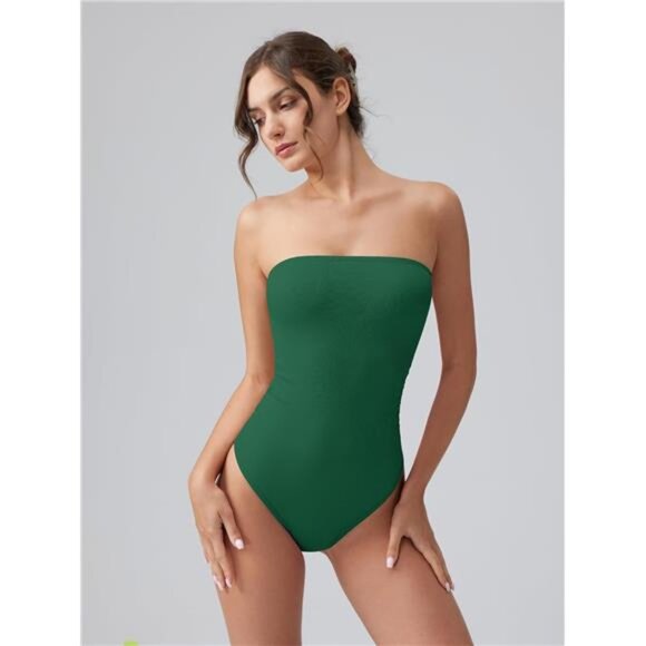 Womens Tube Bodysuits Strapless Basic Green - Picture 4 of 6